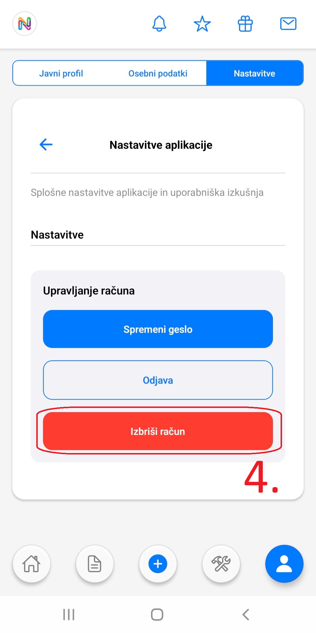 Korak 4: Gumb Izbriši račun